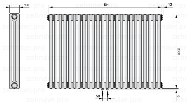 Схема (чертеж) Радиатор Zehnder Charleston 3280/24 №5410 Белый глянцевый RAL 9016